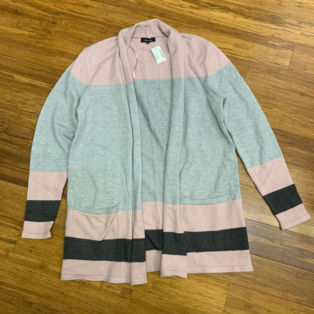 Verve ami Open Front Cardigan Women Size Medium Striped Pockets Knit Sweater NWT